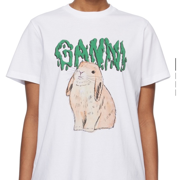 Ganni Tops - Ganni White Tee with Green Logo and Bunny Graphic